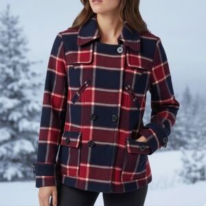 American Eagle Plaid Wool Blend Peacoat Jacket Women Size M Red Navy Coat